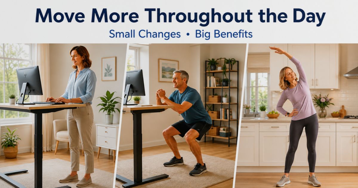 Collage showing simple ways to reduce sitting time, including standing while working, doing squats, and stretching to support a healthy metabolism after 50.