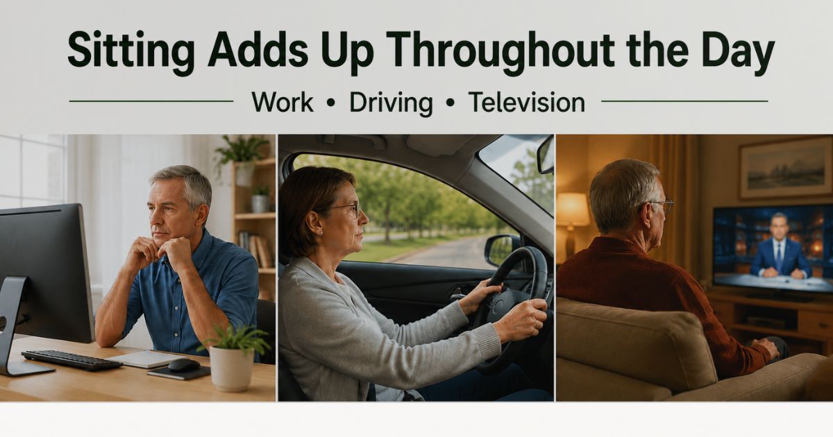 Collage showing three common sedentary activities after 50—working at a computer, driving a car, and watching television—to illustrate how sitting throughout the day may affect metabolism.