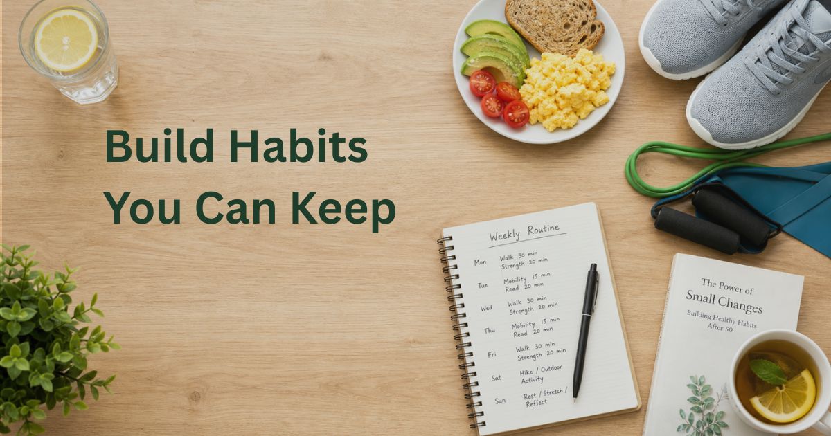 Article-56-Build-Habits-You-Can-Keep-2 Healthy daily routine including nutritious food, walking shoes, resistance bands, water, and planning to support metabolism after 50.