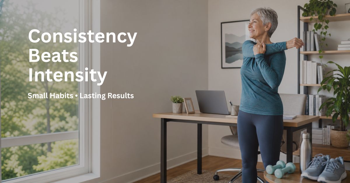 Article-56a-Consistency-Beats- Intensity-1 Woman over 50 building healthy daily habits with stretching, movement, and strength equipment to support metabolism after 50.