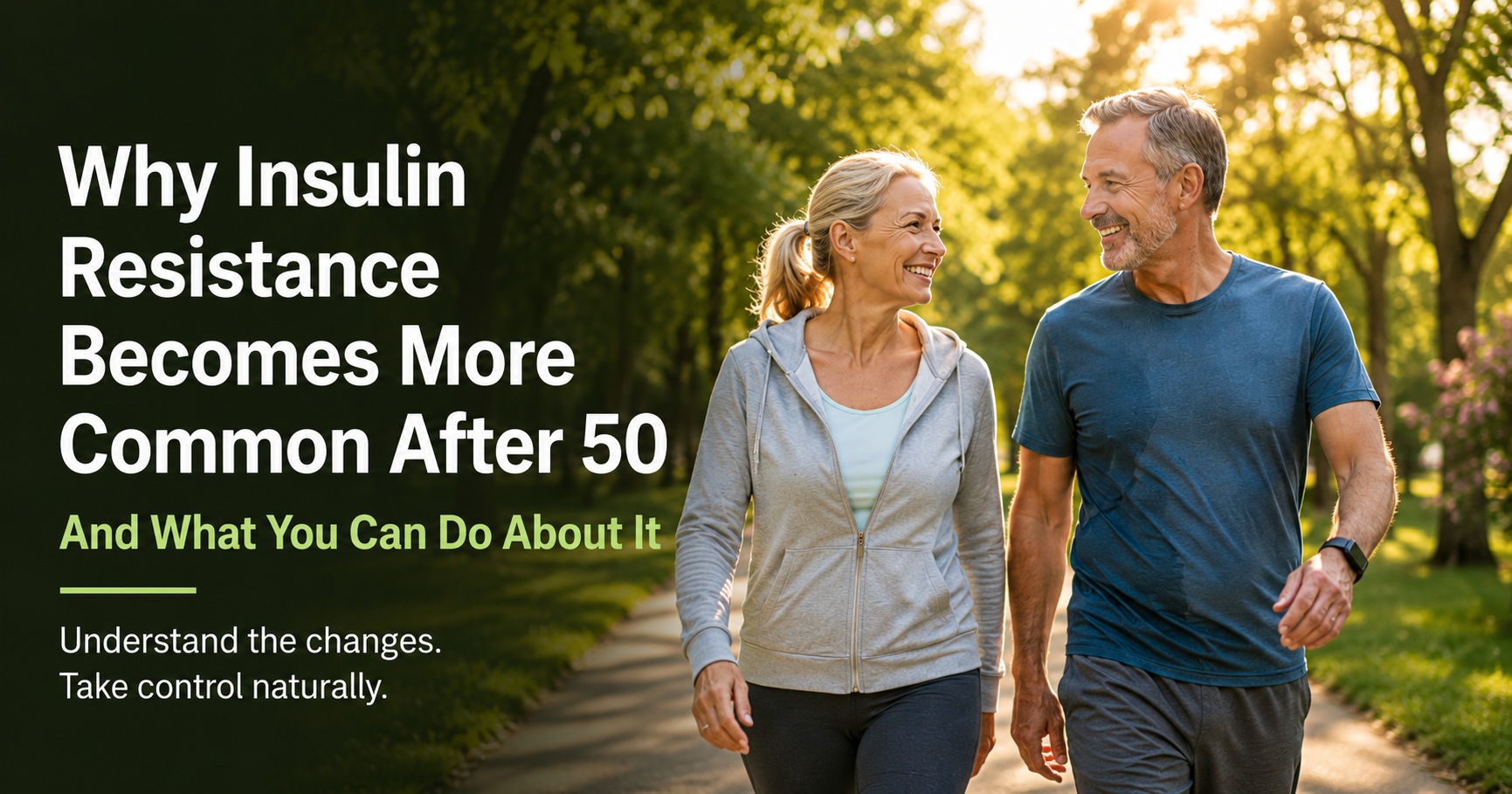 Featured image showing a healthy couple in their 50s walking together in a sunny park, representing healthy aging and lifestyle changes that can help reduce insulin resistance after age 50.