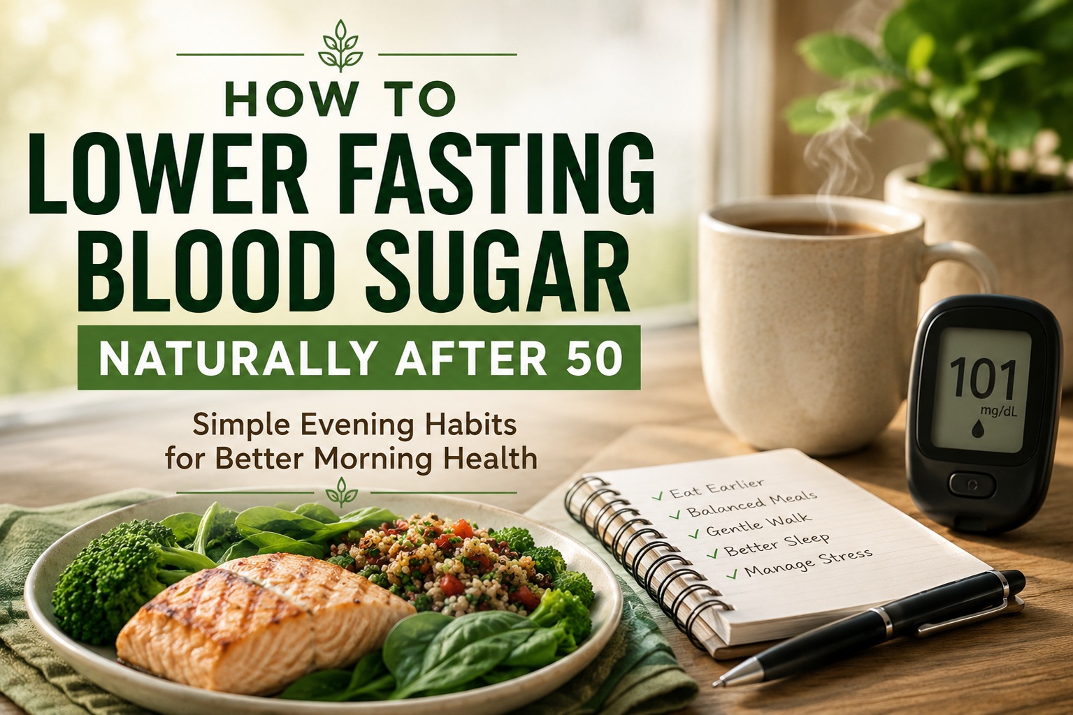 Featured image illustrating how to lower fasting blood sugar naturally after 50, with healthy food, a glucose meter, and simple evening habits that support better morning blood sugar control.