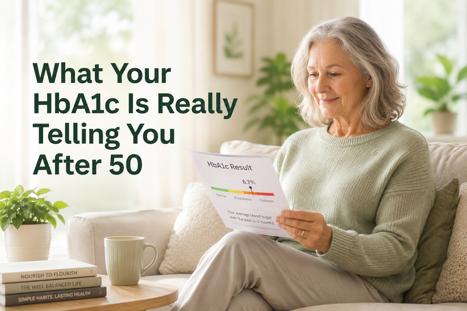 Article-11-Reading-the-HbA1c-result-in-comfort-1 A smiling woman in her 60s reviews her HbA1c blood test results in a bright living room, illustrating how understanding long-term blood sugar levels can help adults over 50 improve their metabolic health through simple lifestyle changes.