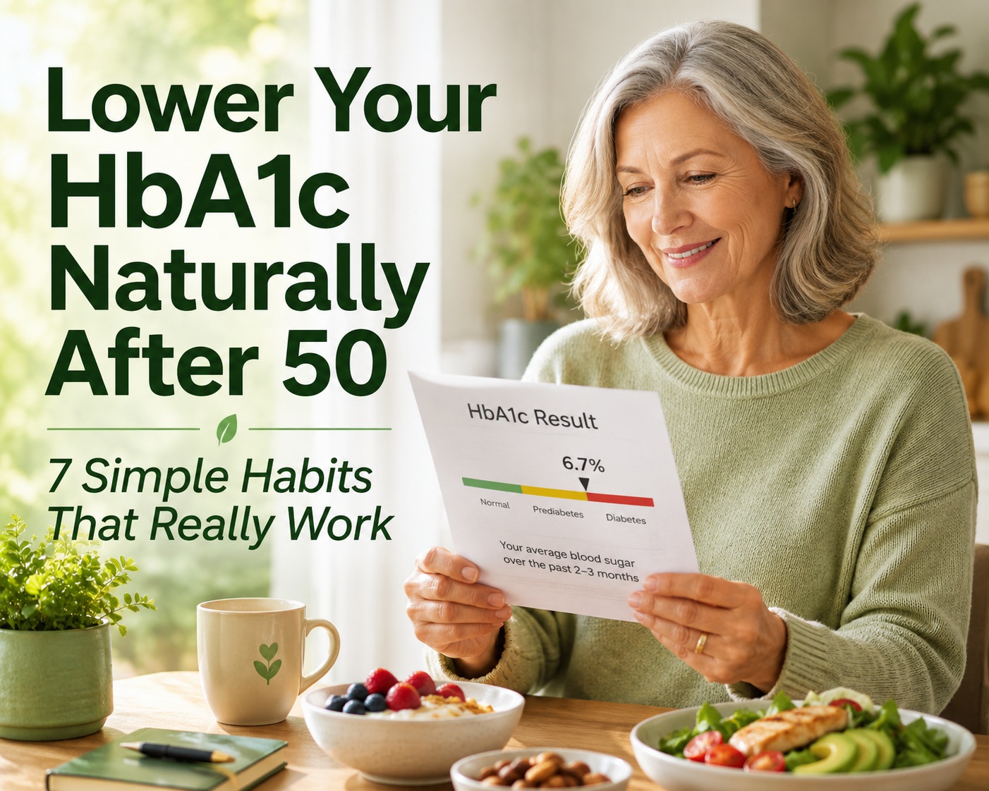 Woman over 50 reviewing her HbA1c blood test results while enjoying a healthy breakfast, representing natural ways to lower HbA1c and improve long-term blood sugar control.