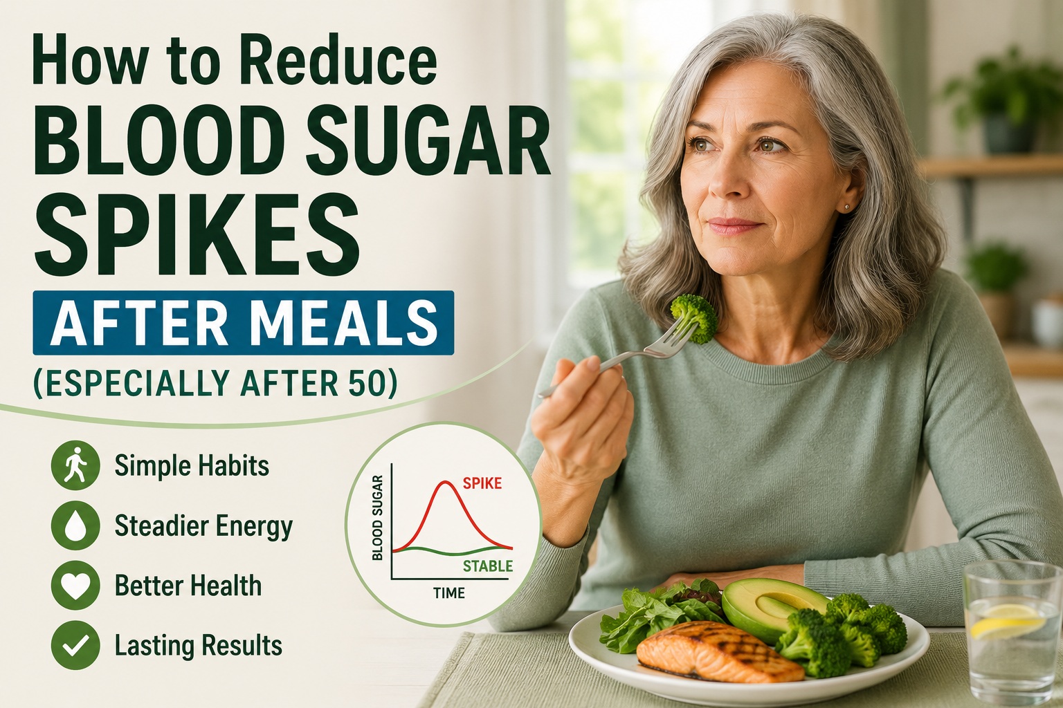 Featured image showing a woman over 50 eating a healthy meal with vegetables, salmon, and avocado while learning how to reduce blood sugar spikes after meals. The image highlights simple lifestyle habits that support steadier blood sugar and better metabolic health after 50.