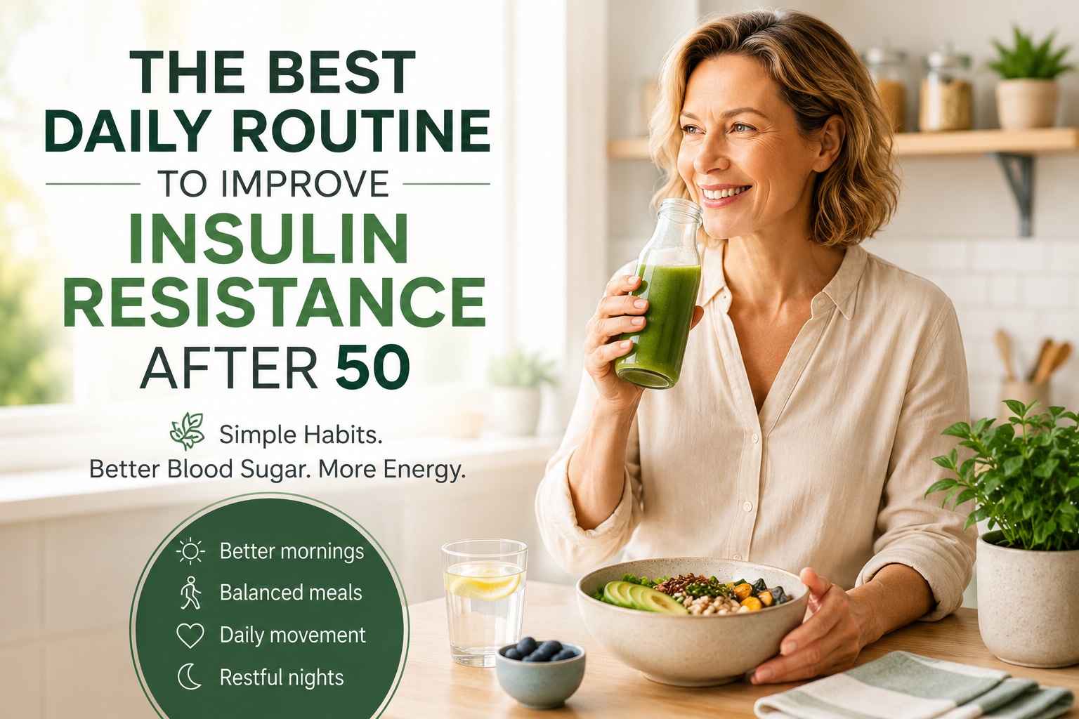 A smiling woman in her 50s enjoys a healthy green smoothie in a bright, sunlit kitchen, illustrating how simple daily habits, nutritious meals, and consistent routines can help improve insulin resistance and support stable blood sugar after age 50.