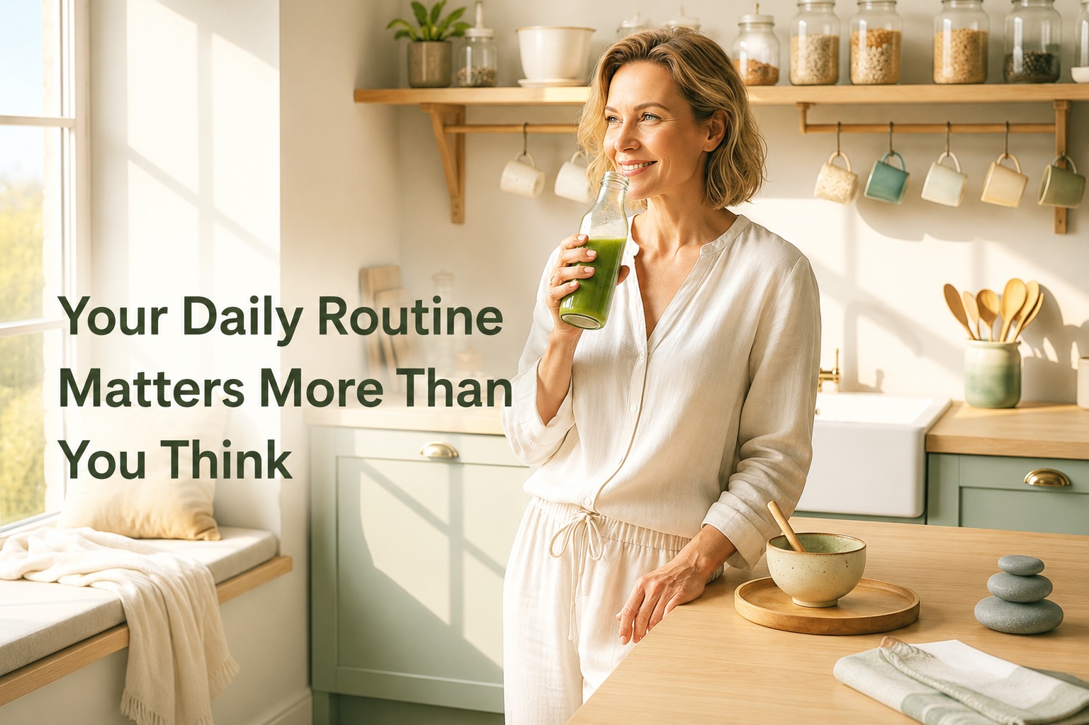 Article-13-Your-daily-routine-matters A smiling woman in her 50s enjoys a green smoothie in a bright, sunlit kitchen, illustrating how simple daily habits like healthy eating and consistent routines can support insulin sensitivity and stable blood sugar after age 50.