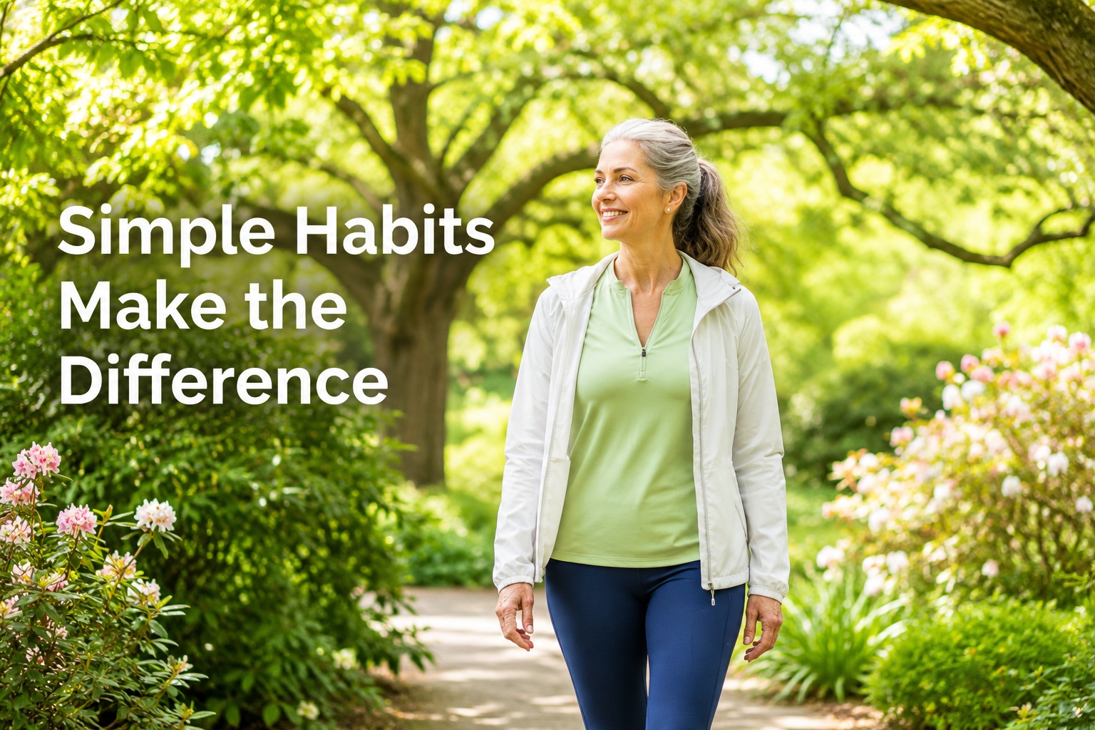 A smiling woman in her 50s walking along a sunlit garden path surrounded by lush greenery and flowering plants. The image represents how simple, consistent lifestyle habits such as regular walking can improve insulin resistance after 50. Text overlay reads: "Simple Habits Make the Difference."