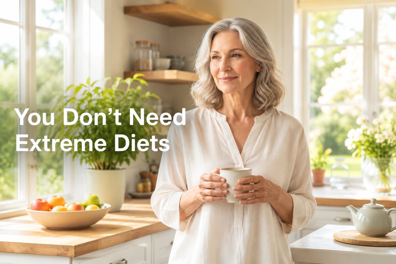 A smiling woman in her 50s standing in a bright, sunlit kitchen holding a mug while looking out the window. The image represents a balanced, sustainable approach to improving insulin resistance after 50 without relying on extreme diets or restrictive eating plans. Text overlay reads: "You Don't Need Extreme Diets."