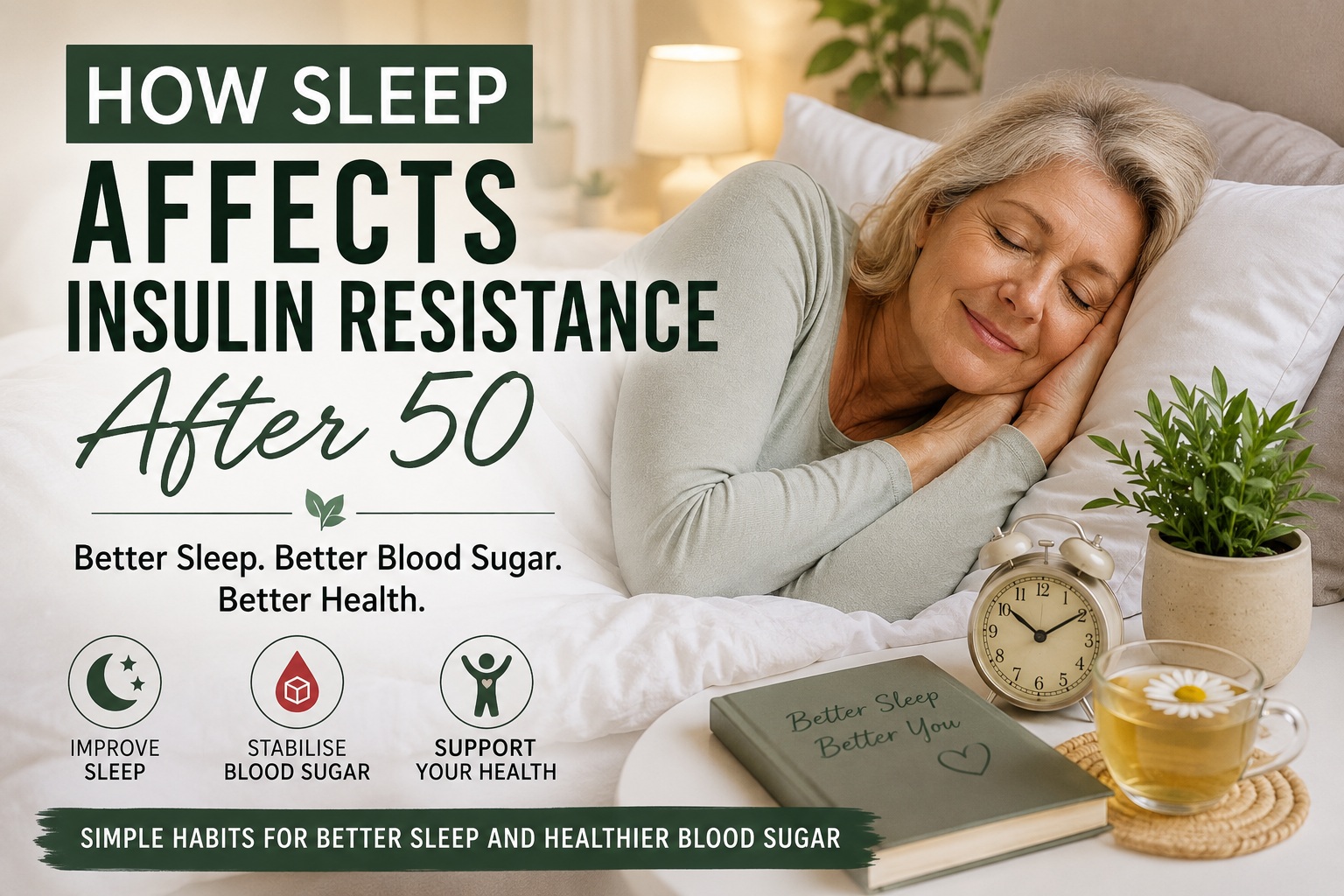 Featured image showing a relaxed woman in her 50s reading a book and enjoying a warm drink in a bright, peaceful bedroom, illustrating healthy evening habits that support better sleep, balanced blood sugar, and insulin sensitivity after age 50.