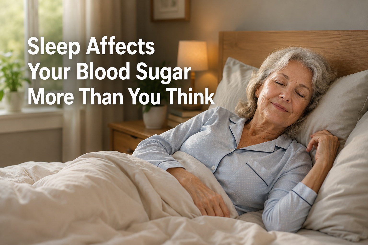 Article-16-Sleep-Affects-Your-Blood-Sugar-More-Than-You-Think-1 Older woman in her 60s resting peacefully in bed in a bright, cozy bedroom, illustrating how good sleep habits can support healthy blood sugar levels, insulin sensitivity, and reduce insulin resistance after age 50.
