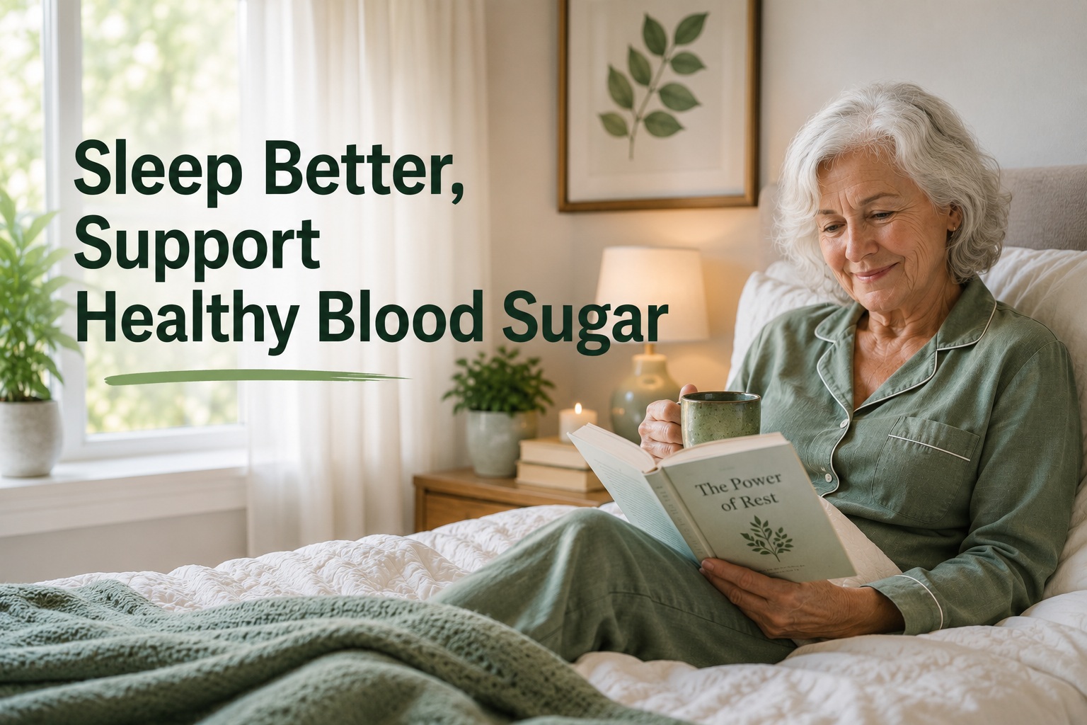 Article-16-Sleep-Better-Support-Healthy-Blood-Sugar-2 Older woman in her late 60s relaxing in bed with a book and cup of tea in a bright, peaceful bedroom, illustrating how healthy sleep habits can support better blood sugar control, insulin sensitivity, and overall metabolic health after age 50.