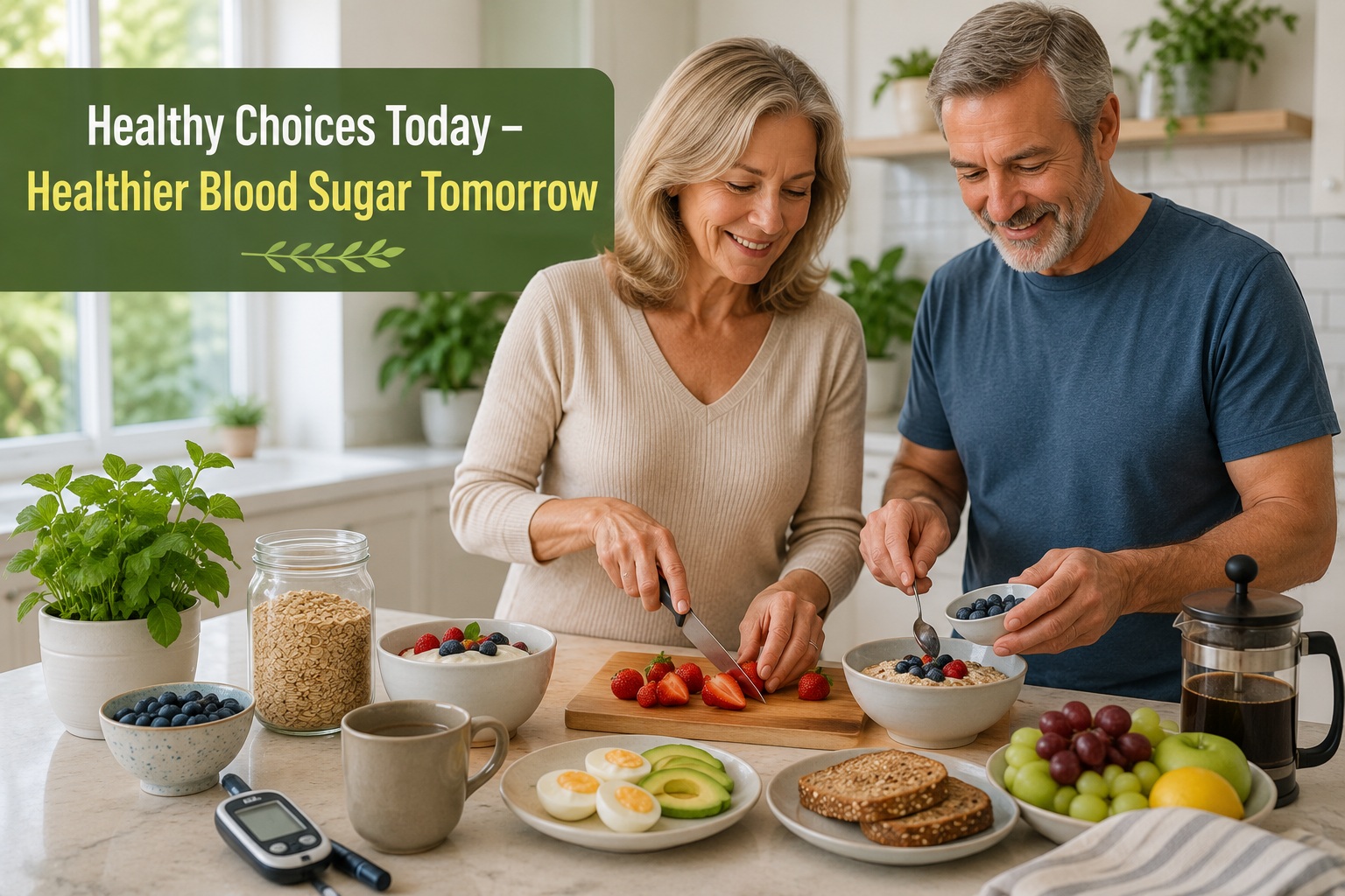 Older couple preparing a nutritious breakfast together, illustrating how healthy daily choices can support healthier blood sugar levels after age 50 through balanced eating and lifestyle habits.