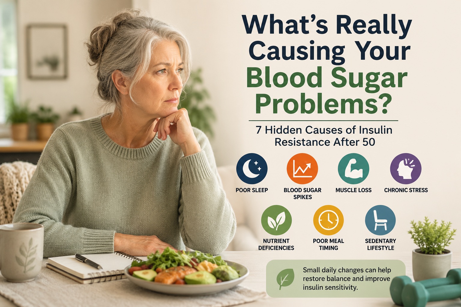 Article-17-What's-causing-your-blood-sugar-problems-1 Thoughtful woman over 50 considering the hidden lifestyle factors that contribute to insulin resistance and blood sugar problems, including poor sleep, stress, muscle loss, nutrient deficiencies, meal timing, and inactivity.
