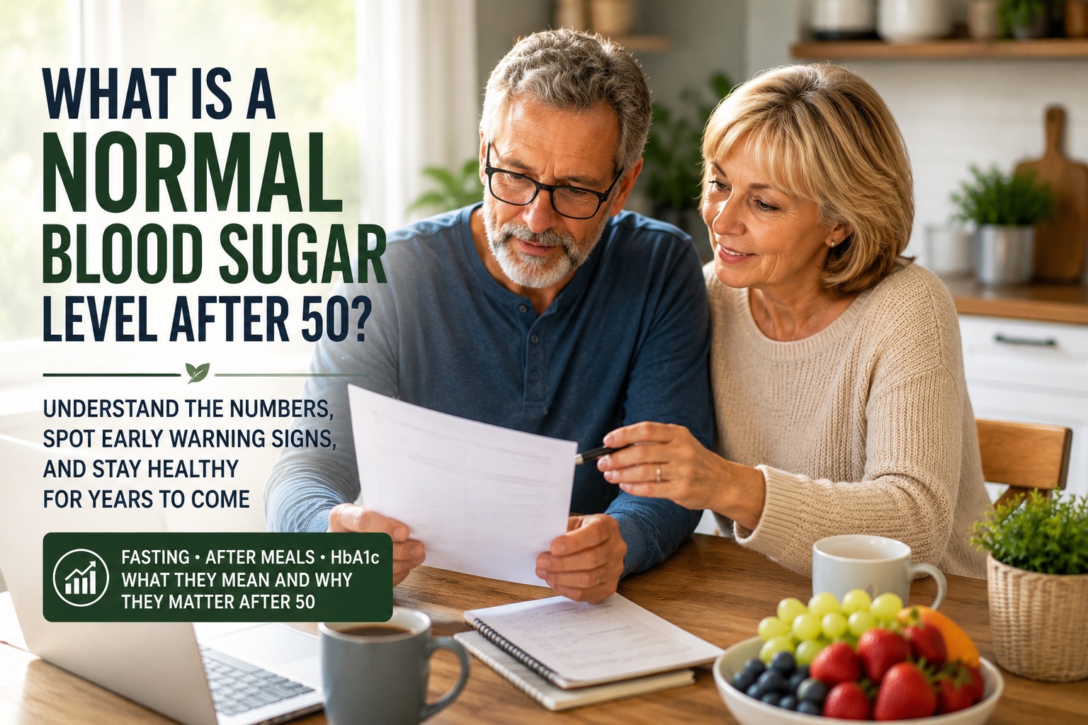 Older couple reviewing blood test results at home while learning about normal blood sugar levels after 50, including fasting blood sugar, HbA1c, and healthy lifestyle habits.