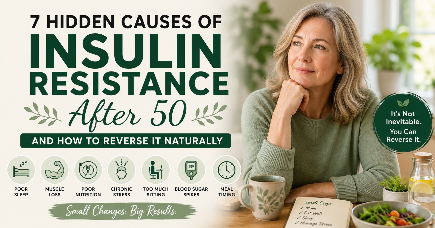 Featured image showing a thoughtful woman over 50 with the headline "7 Hidden Causes of Insulin Resistance After 50 – And How to Reverse It Naturally." The image highlights common contributors including poor sleep, muscle loss, poor nutrition, chronic stress, prolonged sitting, blood sugar spikes, and meal timing, emphasizing that insulin resistance can often be improved through healthy lifestyle changes.