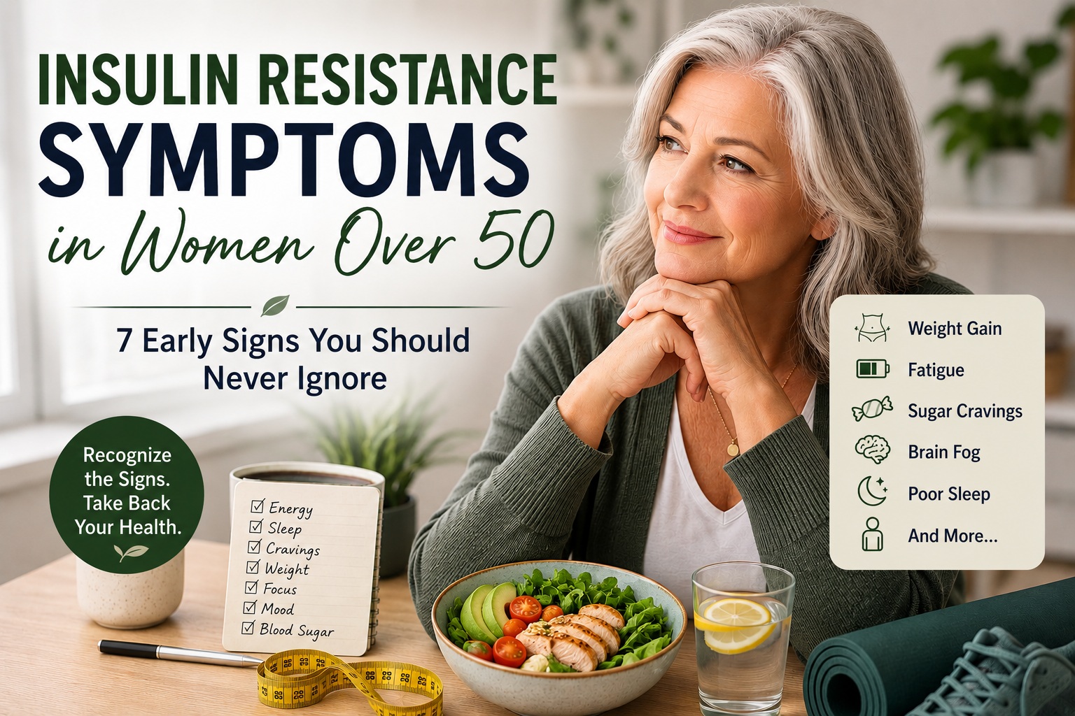 Featured image showing a thoughtful woman over 50 seated at a kitchen table with a healthy meal, checklist, measuring tape, and exercise equipment, illustrating the early symptoms of insulin resistance and the lifestyle habits that support better metabolic health.