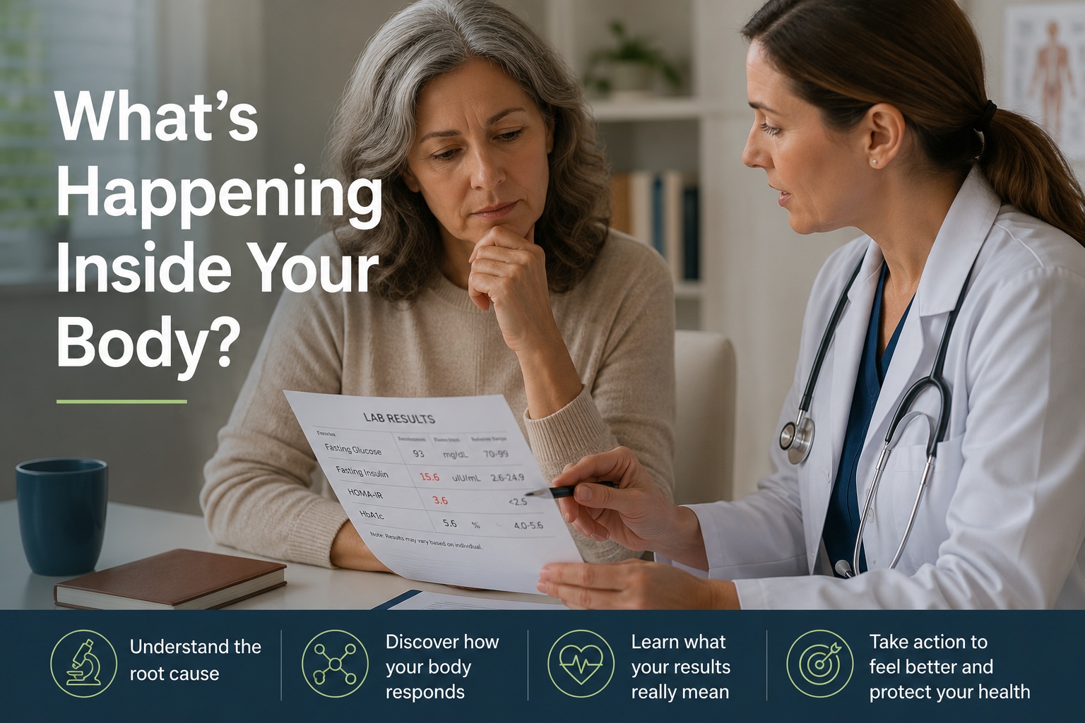Article-19-what's-happening-inside-your-body-2 Woman over 50 reviewing blood test results with her healthcare provider during a medical consultation, illustrating how understanding insulin resistance, blood sugar, insulin, and HbA1c can help explain the underlying cause of symptoms.