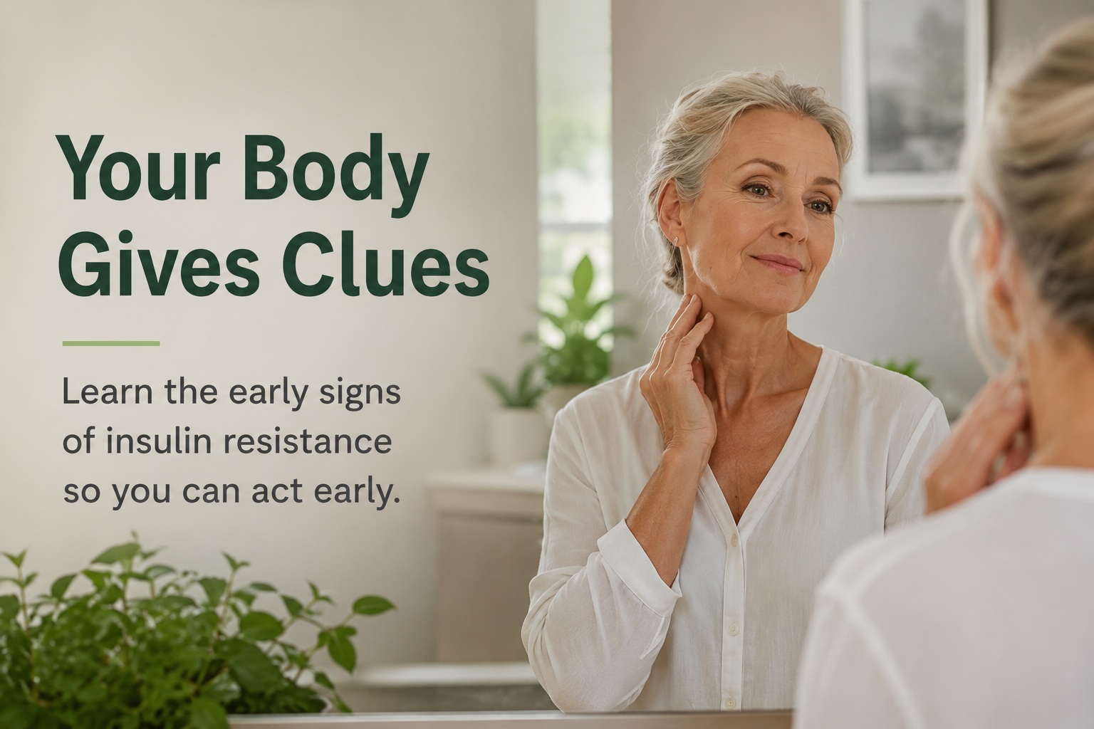 Featured image for an article about the early signs of insulin resistance showing a woman in her 50s looking at her reflection in a bathroom mirror while gently touching her neck, illustrating how the body often gives subtle clues before insulin resistance is diagnosed.