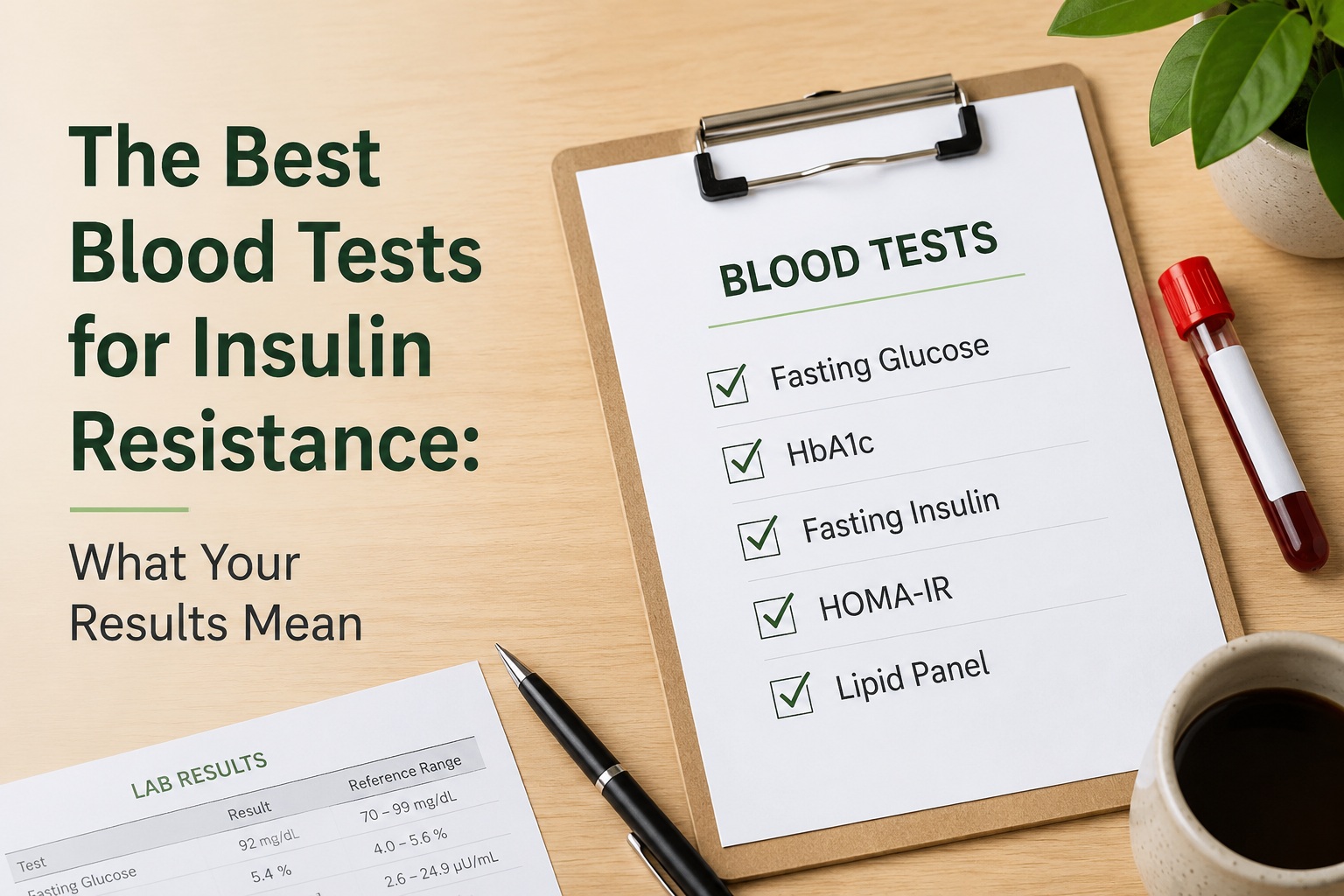 Featured image for an article about the best blood tests for insulin resistance showing a clipboard with a checklist of blood tests including fasting glucose, HbA1c, fasting insulin, HOMA-IR, and a lipid panel, illustrating the key tests used to assess metabolic health and insulin resistance.