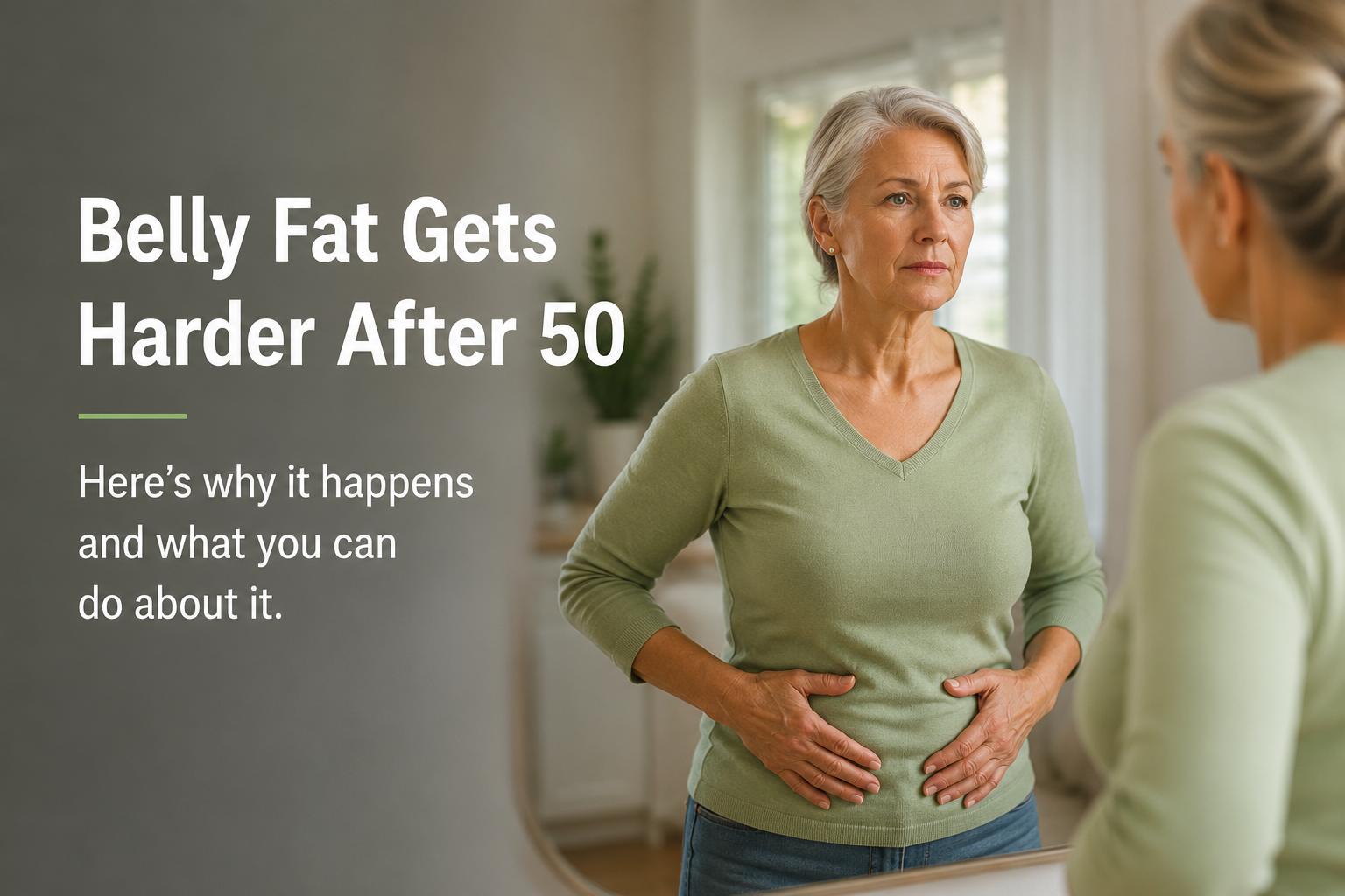 Featured image for an article about why belly fat becomes harder to lose after 50 showing a woman in her 50s looking at her reflection while holding her abdomen, illustrating how age-related changes and insulin resistance can make abdominal fat more difficult to lose.