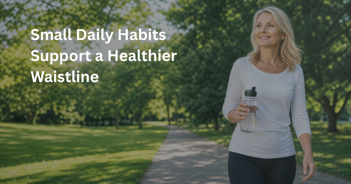 Article-4b-Small-Daily-Habits-Support-a-Healthier-Waistline-1 Woman over 50 walking outdoors to support metabolic health and reduce stubborn belly fat naturally.