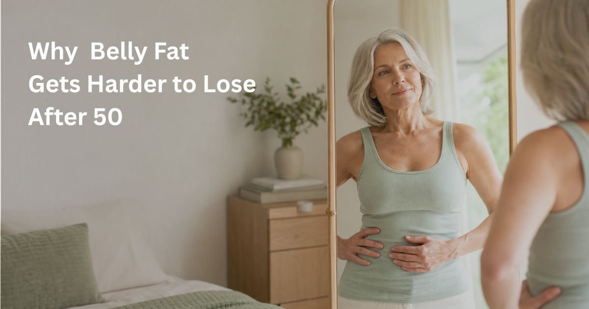 Article-4b-Why-Belly-Fat-Gets-Harder -to-Lose-After-50-1 Woman over 50 holding her waist while learning why belly fat becomes harder to lose after age 50.