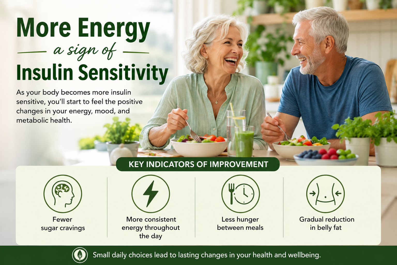 Article-5-More Energy – A-Sign-of-Improved-Insulin-Sensitivity-2 Healthy older couple enjoying a nutritious meal, illustrating the key signs of improved insulin sensitivity after age 50, including better energy, fewer sugar cravings, and reduced belly fat.