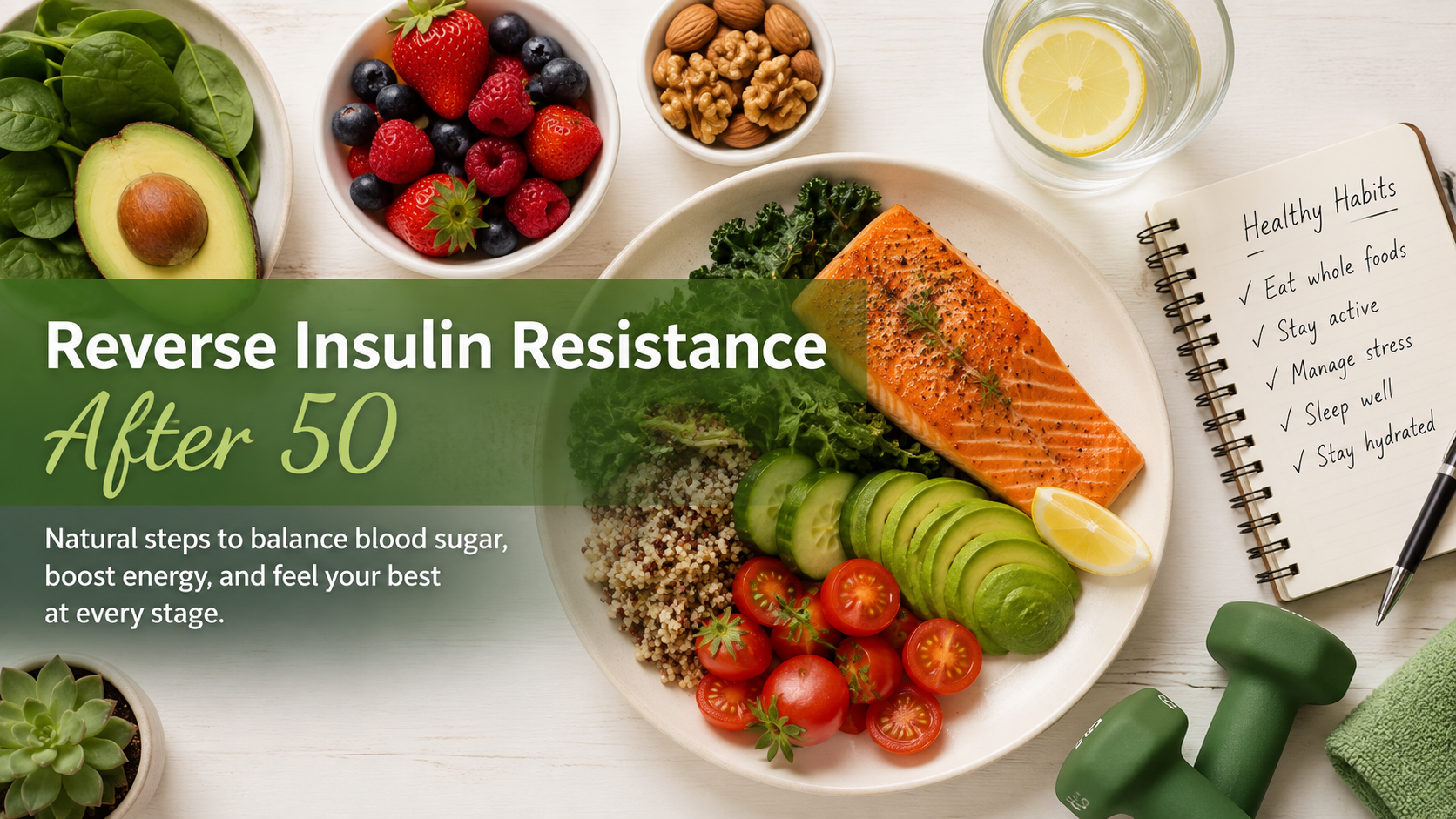 Article-5-Reverse-Insulin-Resistance-After-50-1 Healthy foods and lifestyle habits to help reverse insulin resistance naturally after age 50, including vegetables, berries, salmon, whole grains, exercise, and hydration.