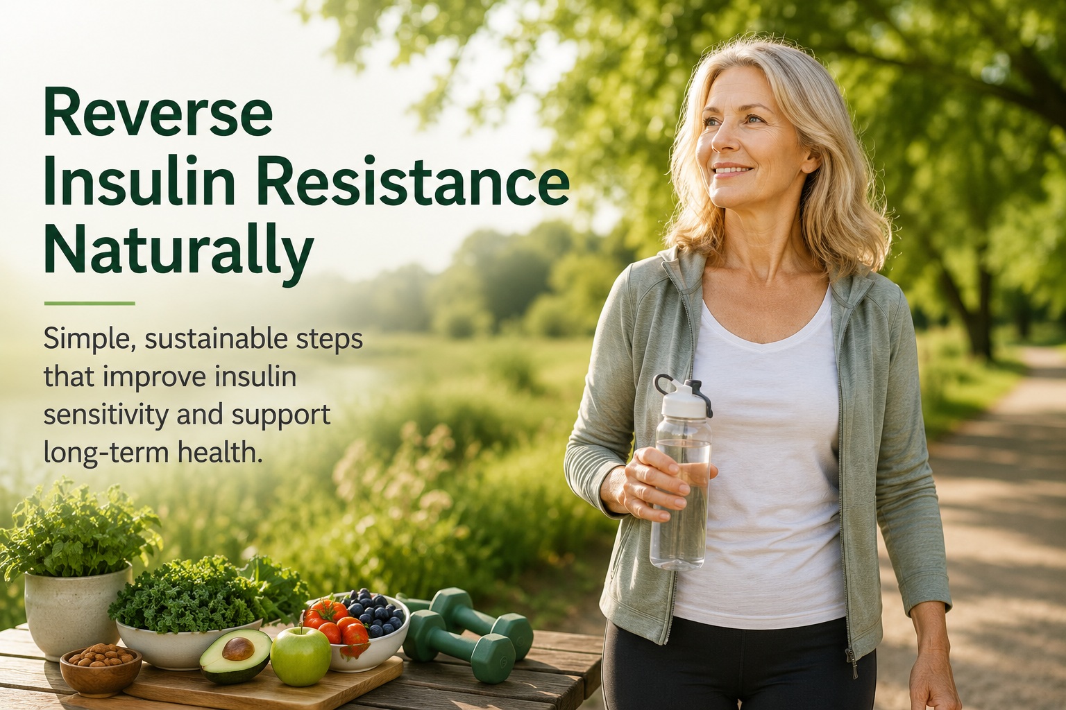 Featured image for an article about reversing insulin resistance naturally showing a healthy woman in her 50s outdoors holding a water bottle, illustrating how simple lifestyle habits such as healthy eating, regular exercise, and hydration can improve insulin sensitivity over time.