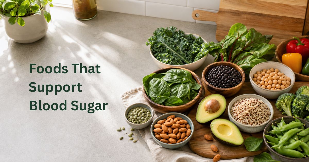 Article-6-Foods-That-Support-Healthy-Blood-Sugar-2B Magnesium-rich foods including spinach, avocado, almonds, pumpkin seeds, beans, quinoa, and leafy greens displayed on a kitchen counter to support healthy blood sugar after age 50.