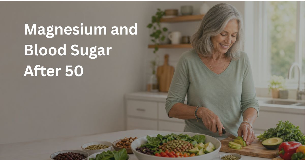 Article-6-Magnesium-and-Blood-Sugar-After-50-1B Older woman preparing a healthy meal rich in magnesium-containing foods to support blood sugar control and insulin sensitivity after age 50.