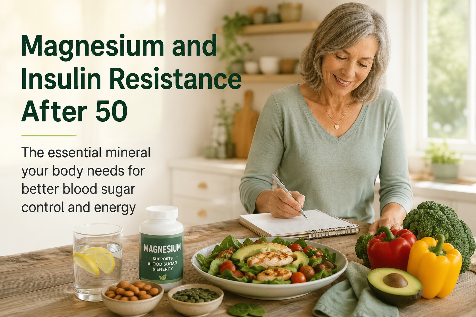 Featured image for an article about magnesium and insulin resistance after 50 showing a woman in her 50s preparing healthy food with magnesium-rich ingredients, illustrating how magnesium supports healthy blood sugar regulation, insulin sensitivity, and metabolic health.