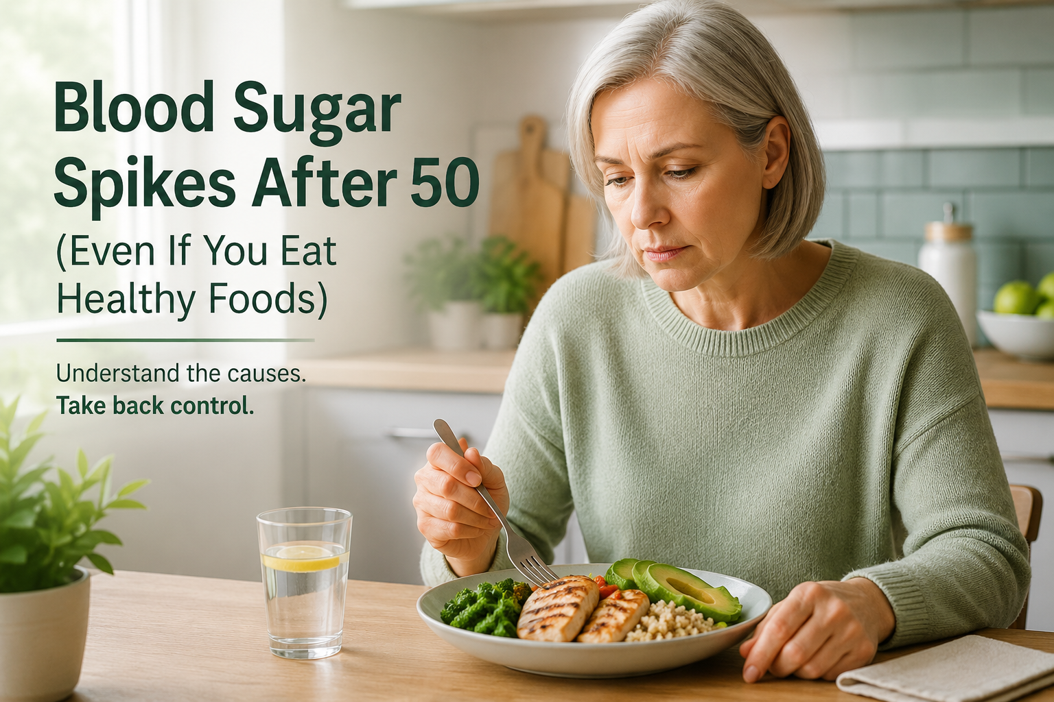 Article-7-Blood-Sugar-Spikes-After-50-1B Woman over 50 eating a healthy meal while learning how to reduce blood sugar spikes after meals naturally.