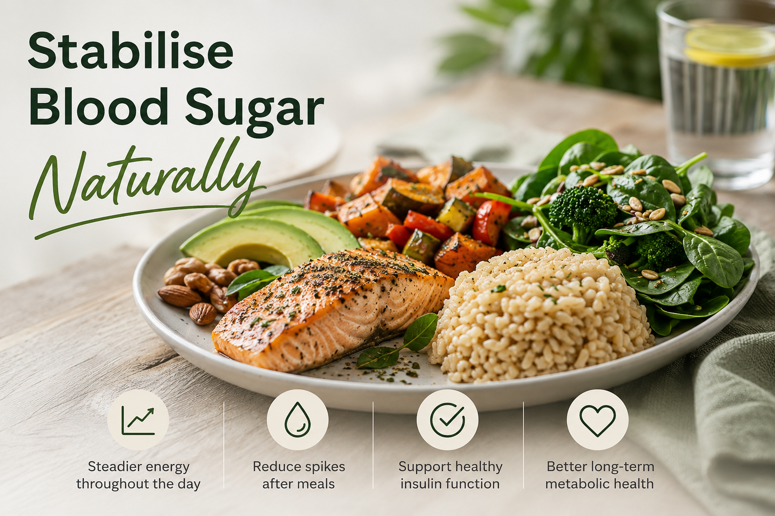Article-7-Stabilize-Blood-Sugar-Spikes-2b Balanced meal with salmon, whole grains, vegetables, and healthy fats to help stabilize blood sugar naturally after 50.