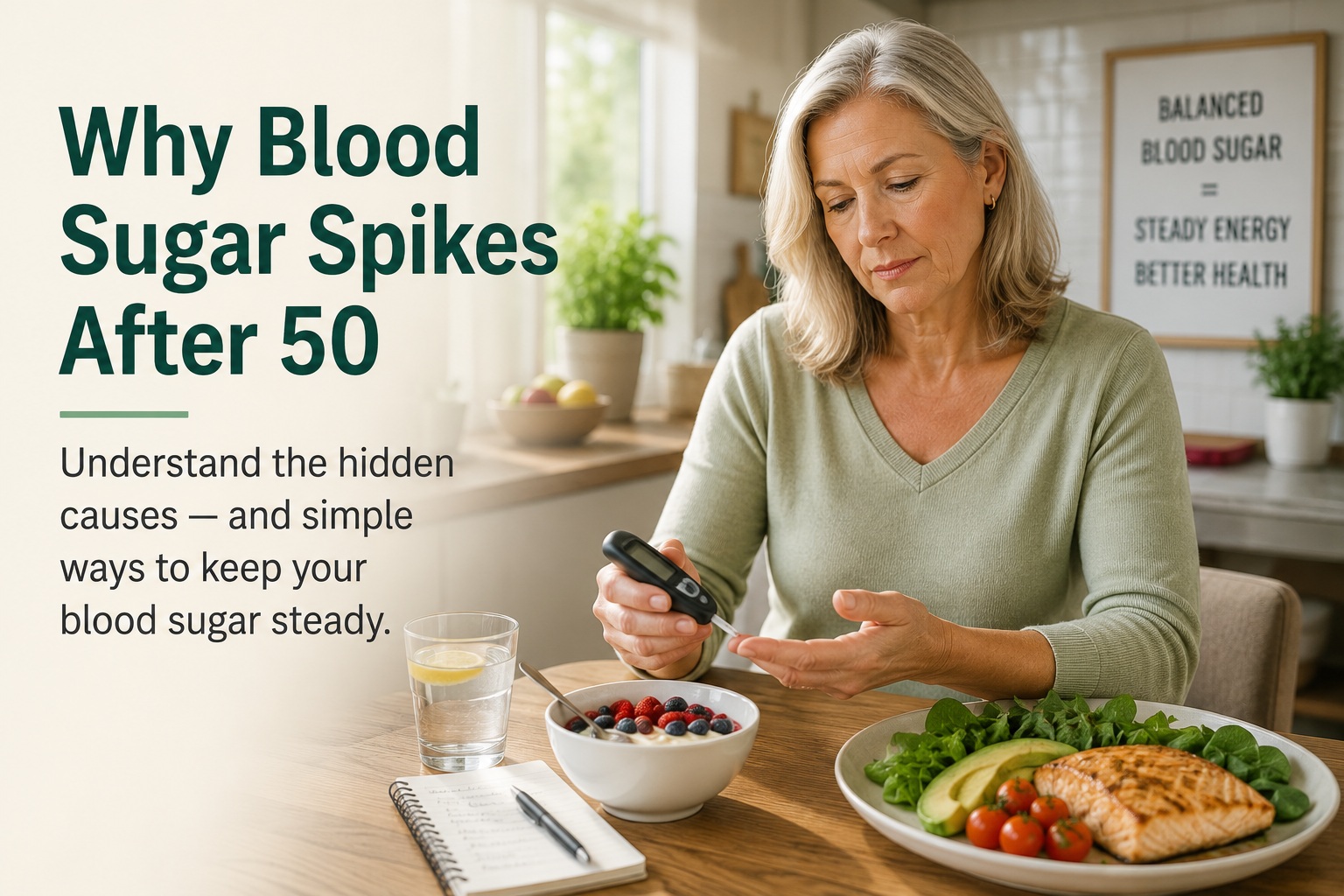 Featured image for an article about why blood sugar spikes after 50 showing a woman in her 50s checking her blood sugar before a healthy meal, illustrating how age-related changes can affect blood sugar control and how simple lifestyle habits can help maintain healthy glucose levels.