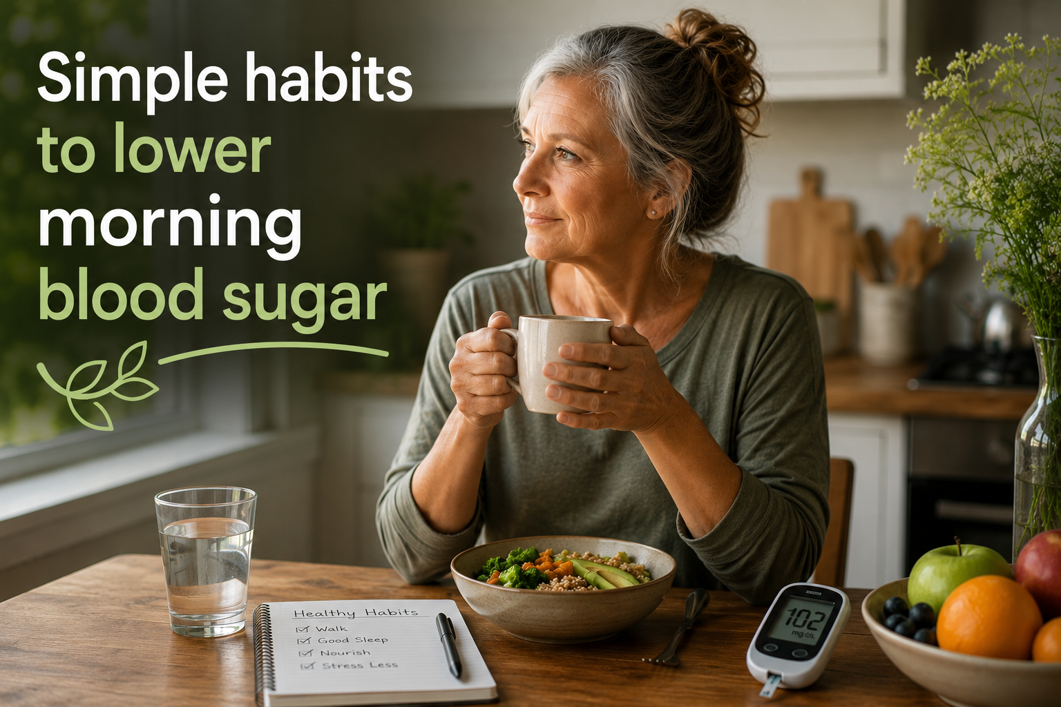 Article-8-Simple-habits-to-lower-morning-blood-sugar-2 Older woman in a bright kitchen enjoying a healthy breakfast while monitoring her blood sugar, illustrating simple lifestyle habits to lower morning blood sugar naturally after 50.