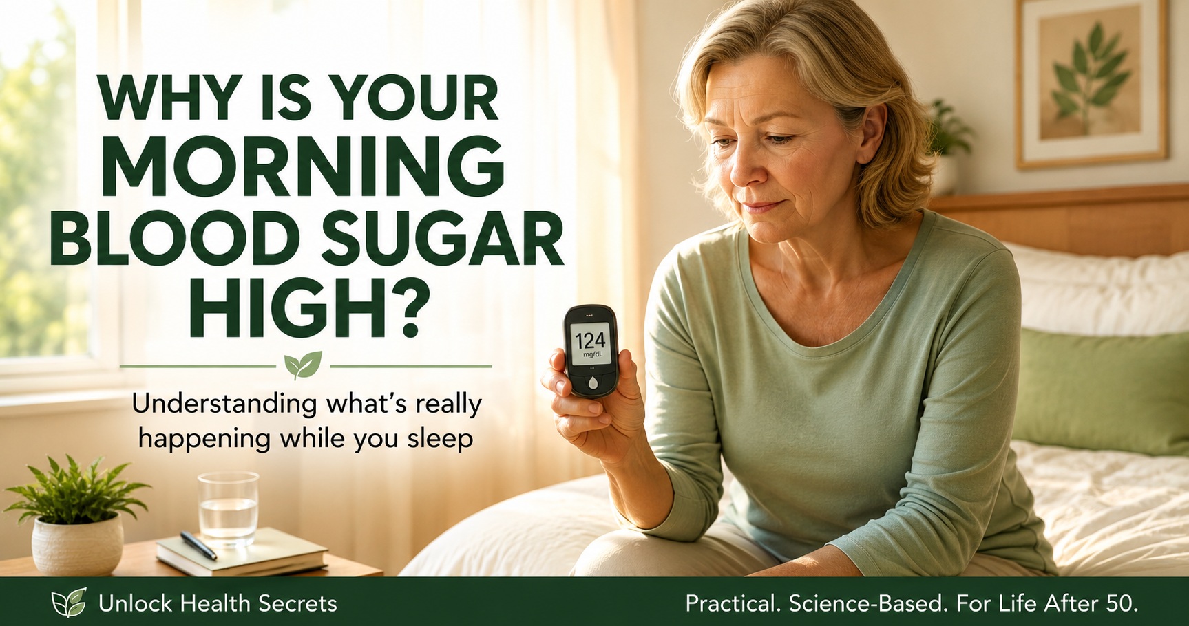 Woman over 50 checking her morning blood sugar with a glucose meter after waking to understand why fasting blood sugar is high in the morning.