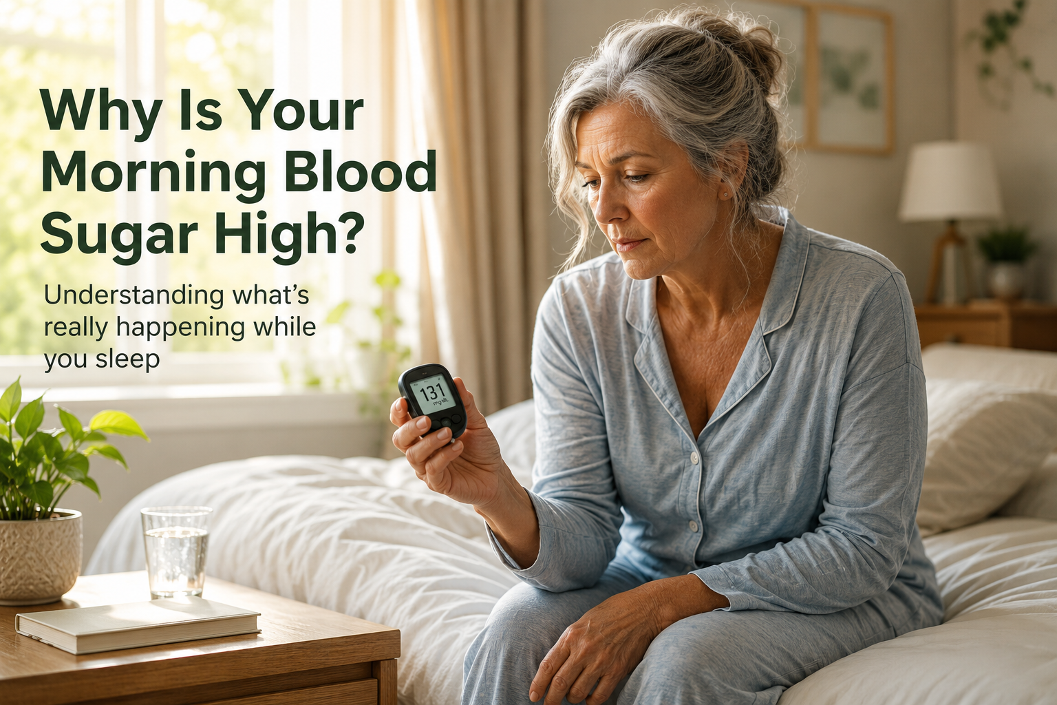 Article-8B-why-is-your-blood-sugar-high-2 A woman over 60 checks her fasting blood sugar with a glucose meter in her bedroom after waking, illustrating why morning blood sugar can be higher after 50.