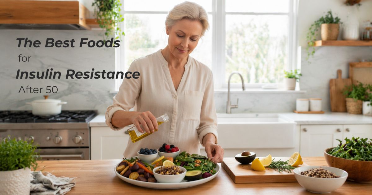 Woman over 50 preparing a balanced meal with vegetables, berries, healthy fats, and whole grains to help support insulin resistance and healthy blood sugar levels after 50.