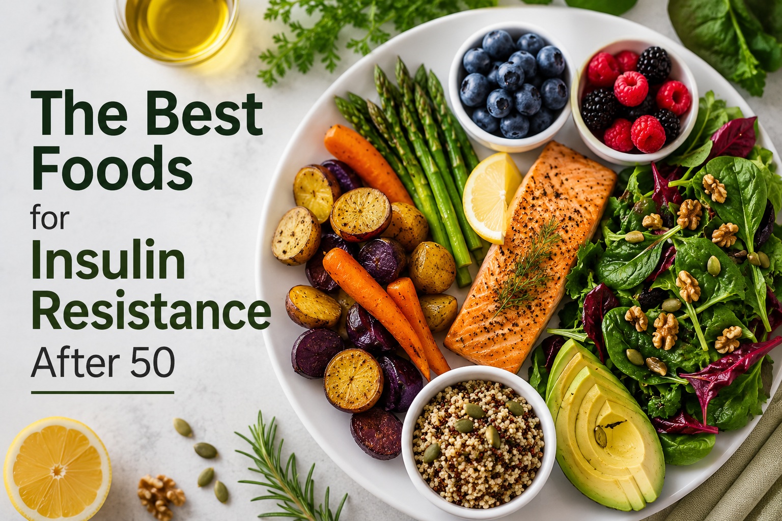 Healthy balanced meal with salmon, leafy greens, berries, avocado, quinoa, and colorful vegetables showing the best foods for insulin resistance after 50.