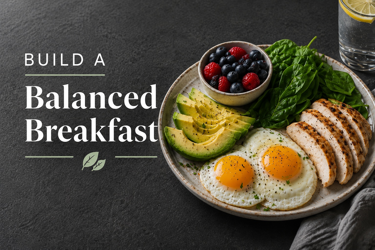 Article-21-Build-a-Balanced-Breakfast-2 Healthy balanced breakfast with eggs, grilled chicken, avocado, spinach, and fresh berries beside the message "Build a Balanced Breakfast," illustrating a protein-rich, high-fibre meal to support stable blood sugar after 50.
