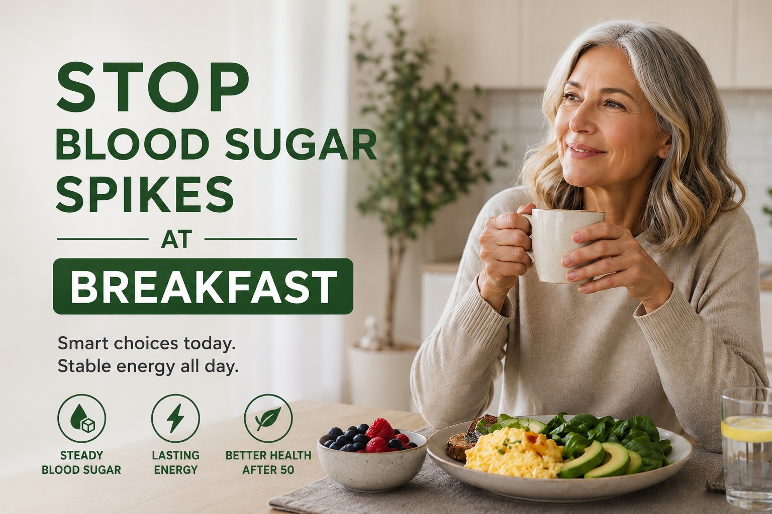 Article-21-Stop-blood-sugar-spikes-at-breakfast-1 Smiling older woman enjoying a healthy high-protein breakfast with eggs, avocado, leafy greens, berries, and coffee, alongside the message "Stop Blood Sugar Spikes at Breakfast," illustrating healthy breakfast choices to support stable blood sugar after 50.