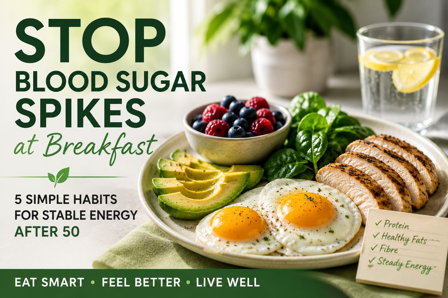 Healthy high-protein breakfast with eggs, grilled chicken, avocado, spinach, mixed berries, and lemon water beside the headline “Stop Blood Sugar Spikes at Breakfast – 5 Simple Habits for Stable Energy After 50,” illustrating healthy breakfast choices to support stable blood sugar, lasting energy, and insulin resistance management after age 50.
