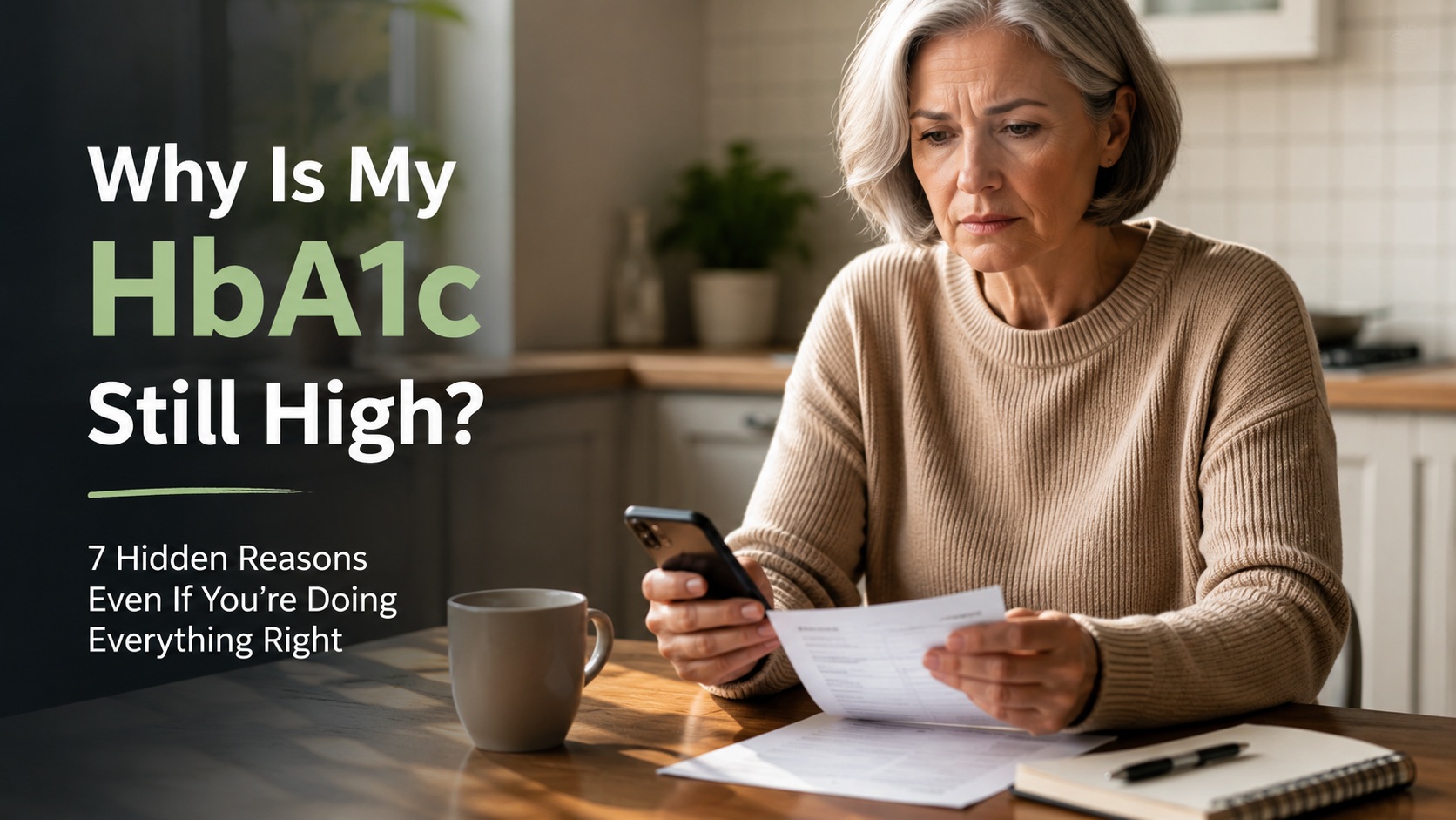 Article-22-why-is-my-HbA1c-still-high-1 Woman over 50 reviewing her HbA1c results at home, illustrating why blood sugar levels can remain high despite healthy lifestyle changes.