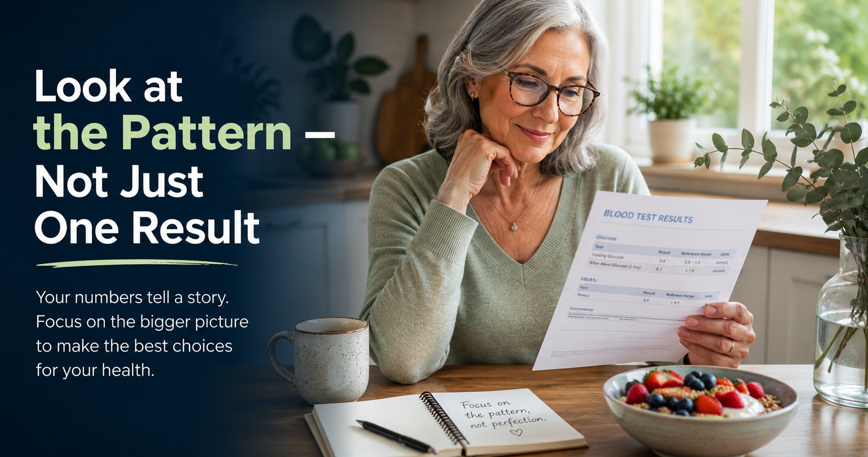 Article-23-look-at-the-pattern-not-just-one-result-2 Woman over 50 reviewing her blood test results at a kitchen table, with the message “Look at the Pattern — Not Just One Result” emphasizing the importance of looking at blood sugar trends over time.