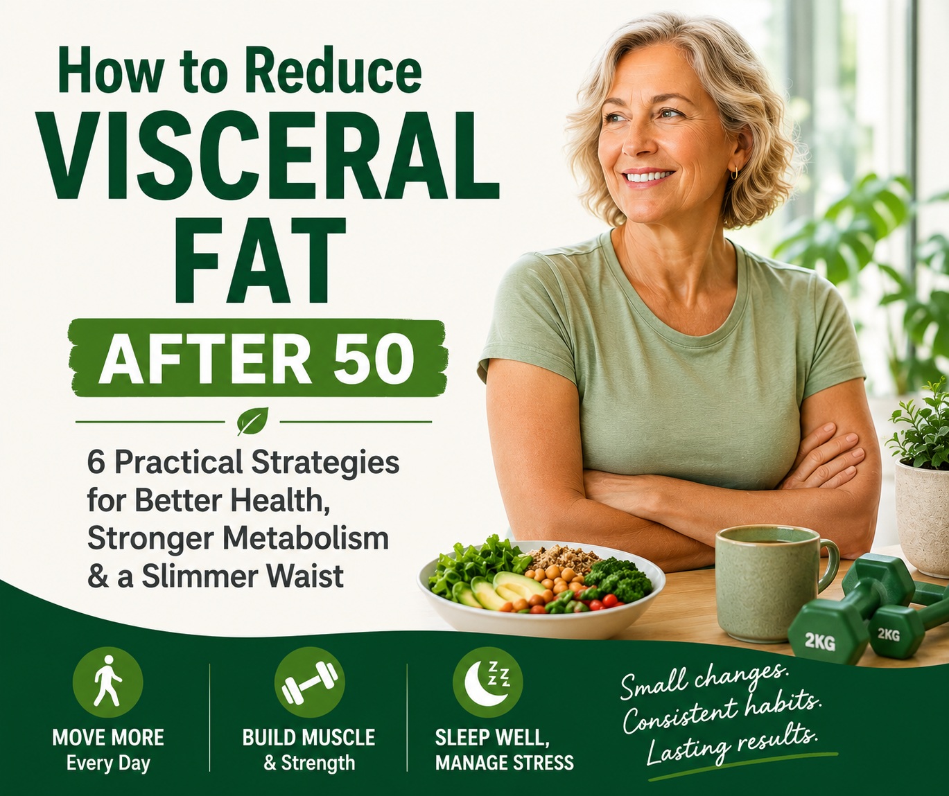 Smiling woman over 50 with a healthy meal and dumbbells, illustrating practical lifestyle strategies to reduce visceral fat and support metabolic health.