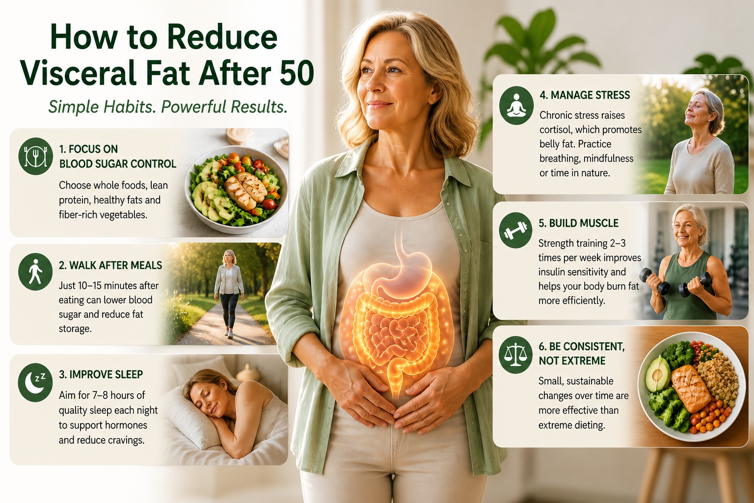 Infographic showing six ways to reduce visceral fat after 50, including blood sugar control, walking after meals, better sleep, stress management, strength training, and consistent healthy habits.
