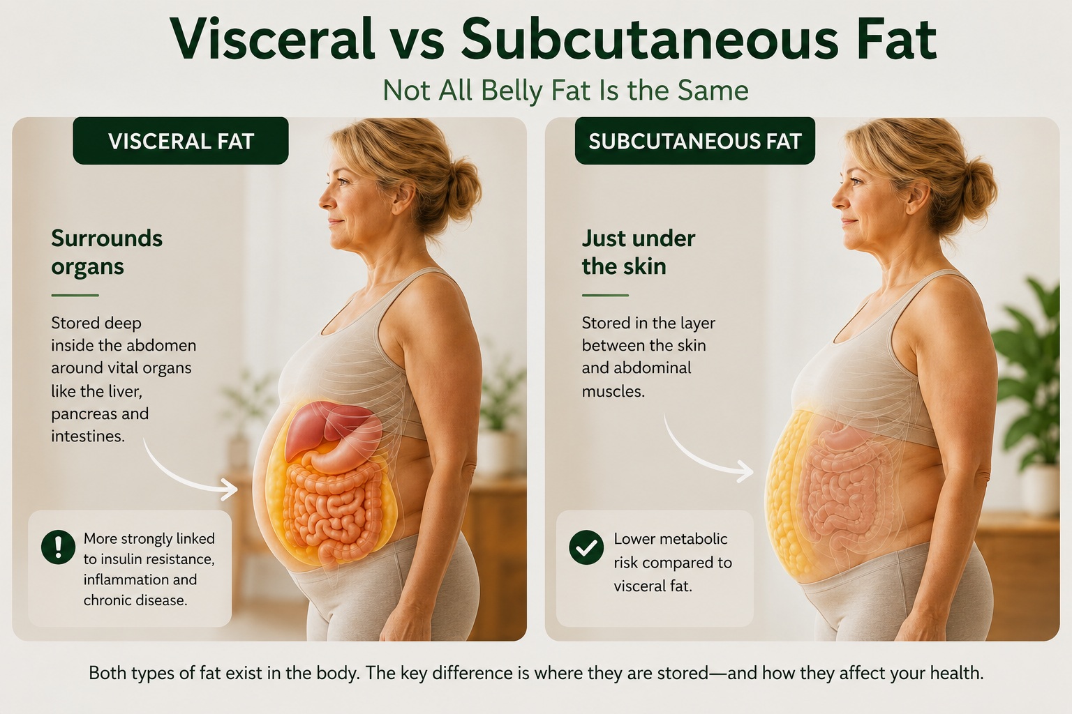 Comparison of visceral and subcutaneous fat in a woman over 50, showing visceral fat stored around internal organs and subcutaneous fat beneath the skin, with visceral fat linked to greater metabolic health risks.