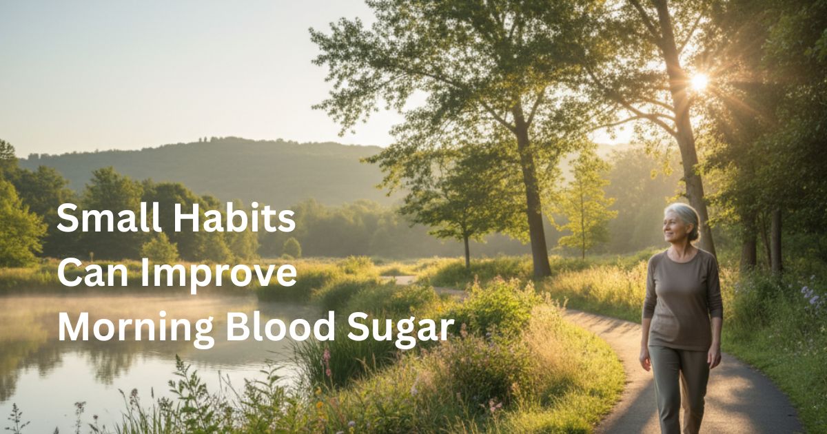 Article-26-Small-Habits-Can-Improve-Morning-Blood-Sugar-2 An older woman enjoys a morning walk beside a peaceful lake at sunrise, illustrating how small, consistent lifestyle habits such as regular exercise can help improve morning blood sugar levels after age 50.